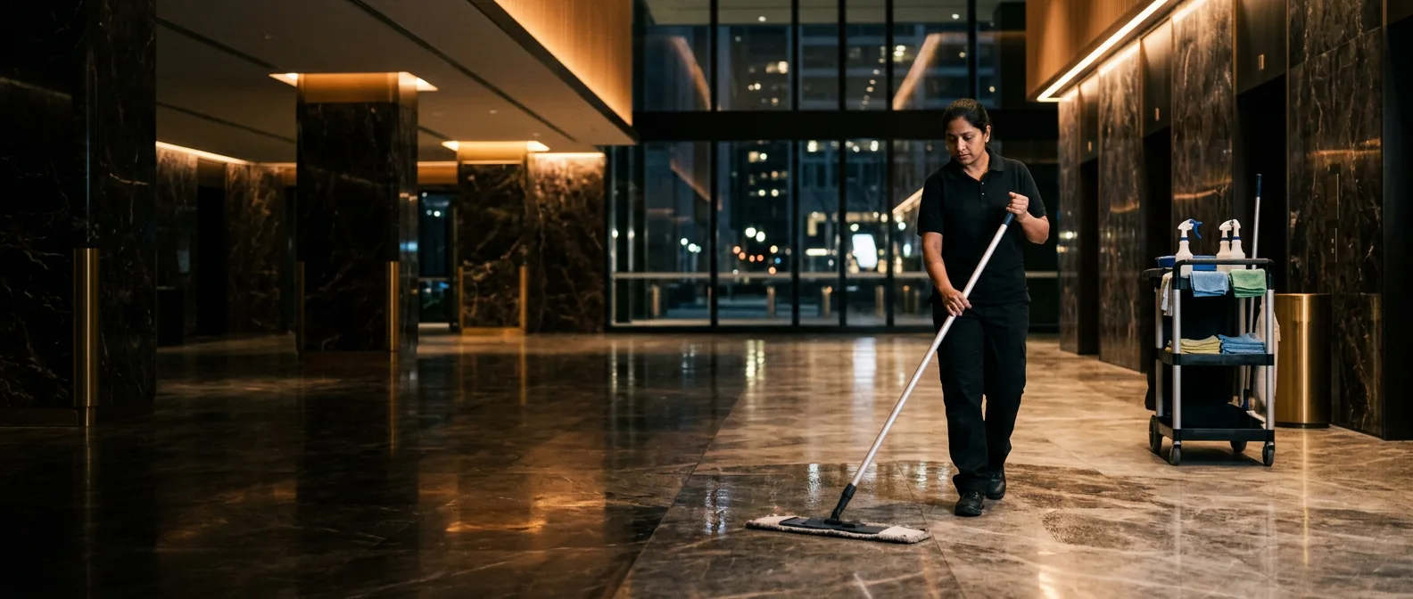 A uniformed cleaner running a flat mop across the polished marble floor of a commercial building lobby at night, supply cart alongside.