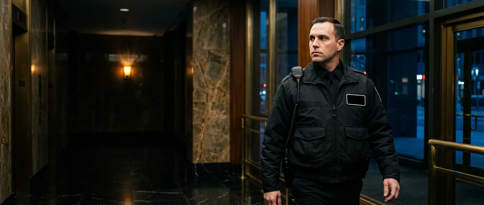 A uniformed security officer walking a night patrol through the ground-floor corridor of a commercial building, with the street entrance beyond.