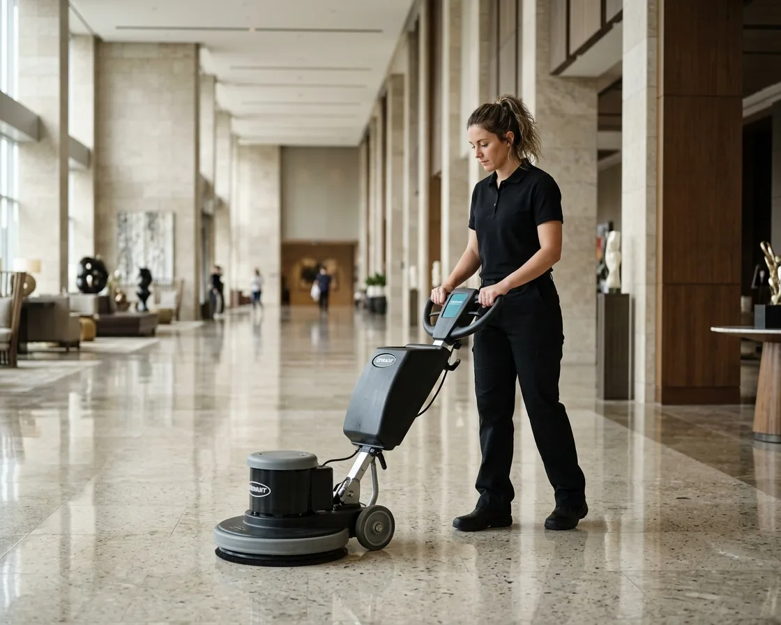 A floor care technician running a burnisher across a polished lobby floor.
