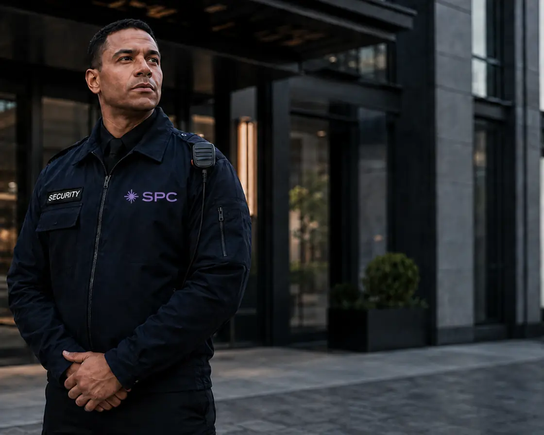 An SPC security officer standing post at the entrance of a commercial office building.