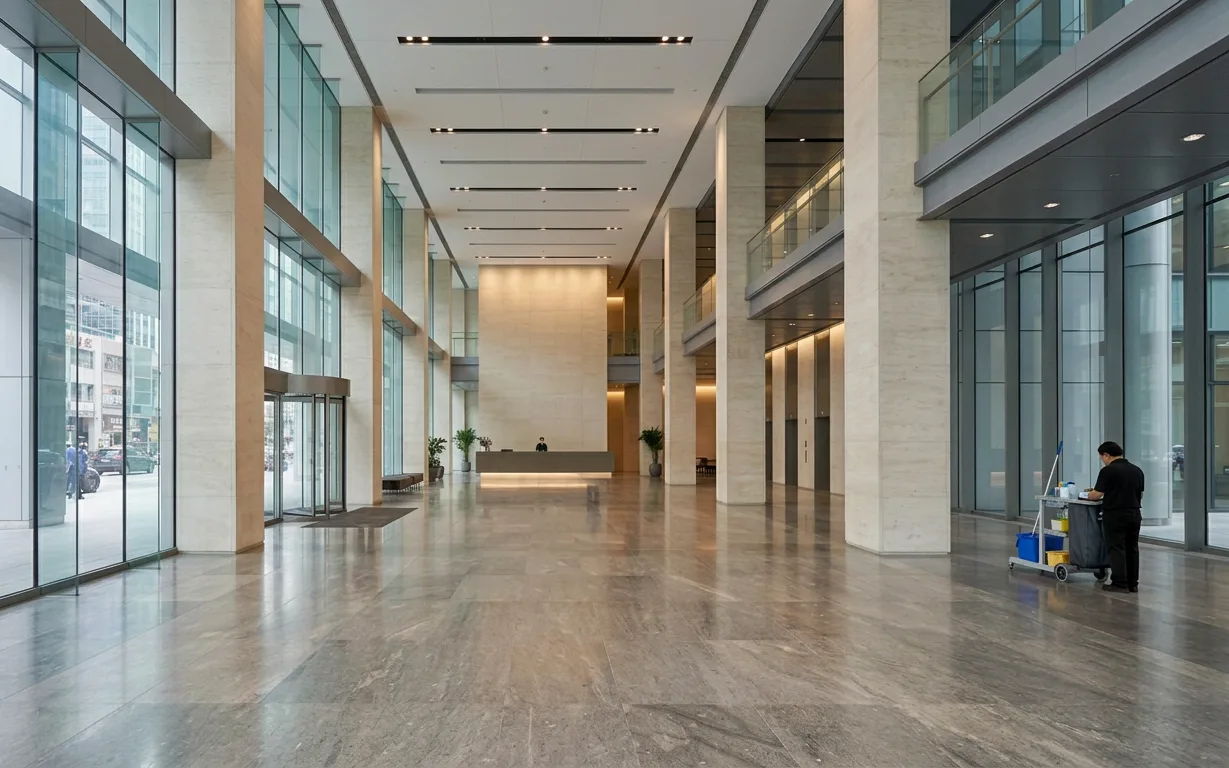 The arrival hall of a commercial office tower, a reception desk far off across the marble and a cleaner working at the far wall.