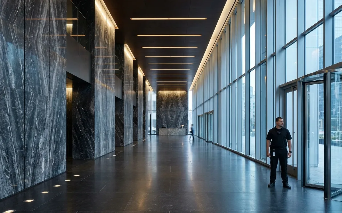 A security officer standing post beside the glazed wall of a dark marble hall in a commercial office tower.
