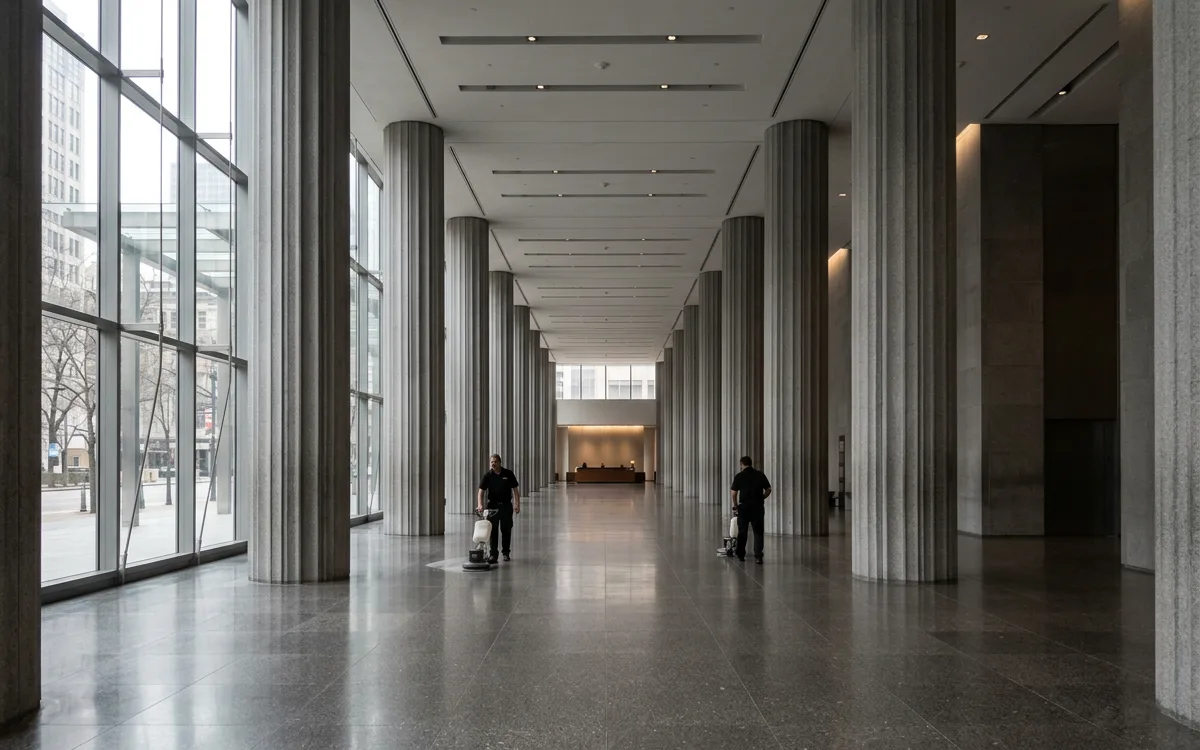 Two workers far apart in the colonnaded ground-floor lobby of a commercial office tower.