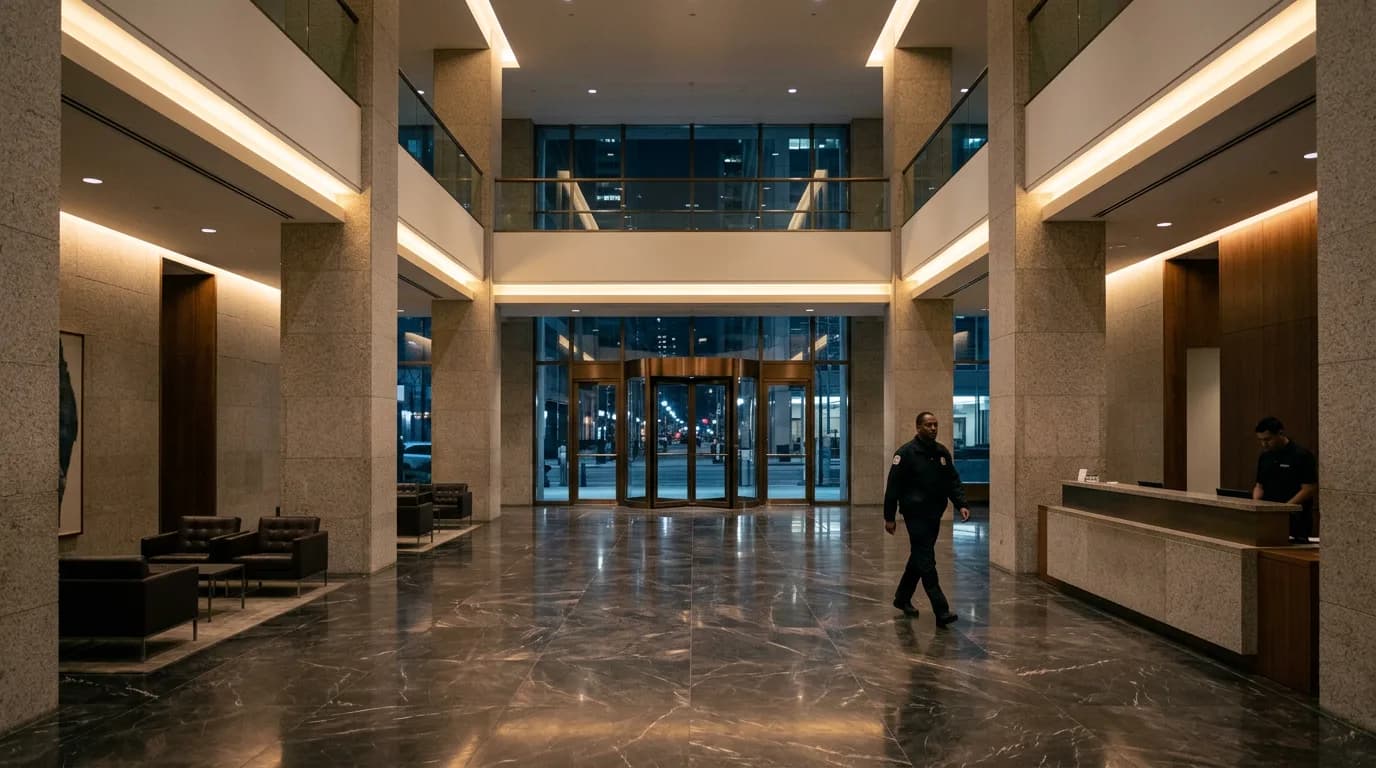 A uniformed security officer crossing the marble floor of a double-height office tower lobby at night, front desk staffed to one side, street visible through the entrance.